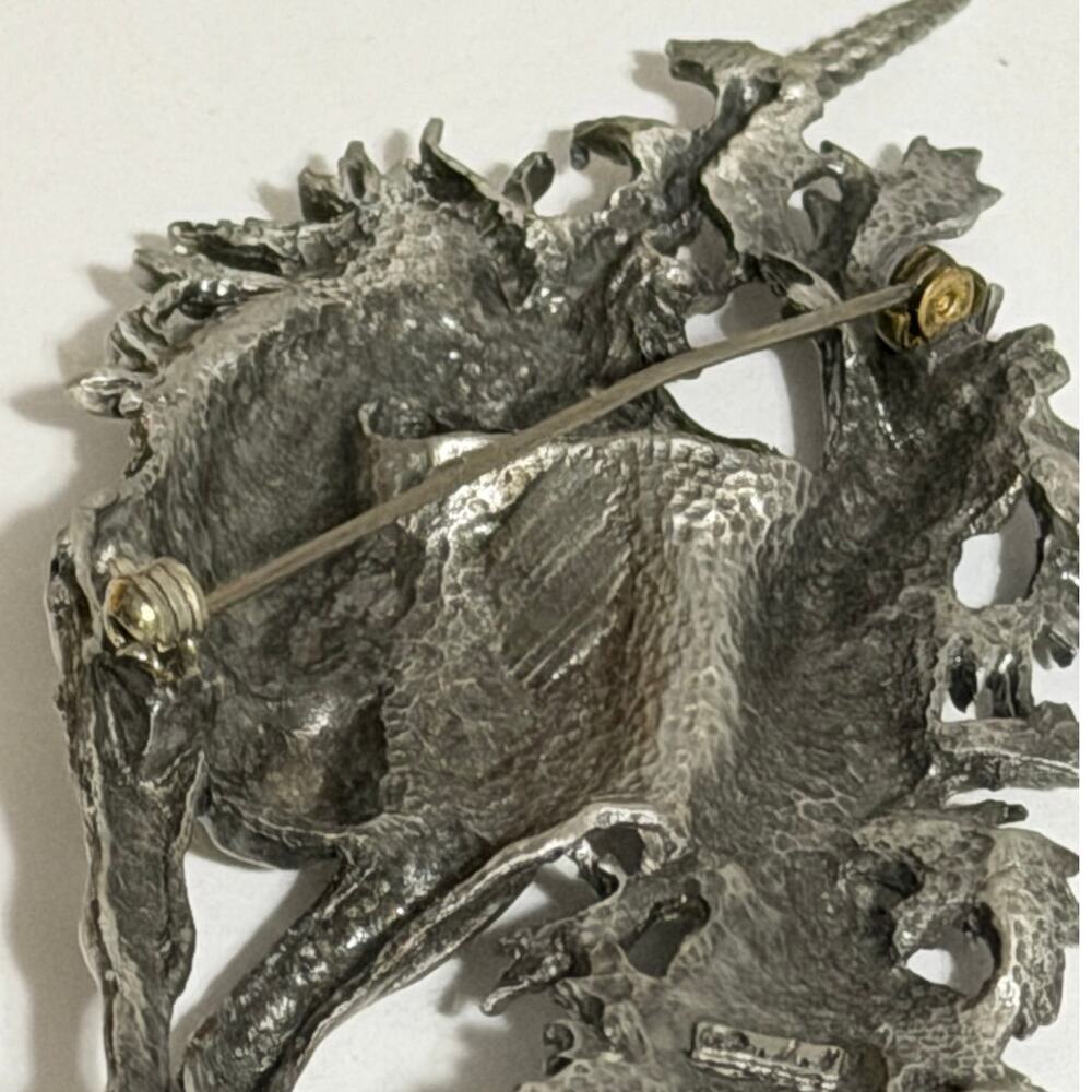 JJ Vintage Unicorn Pewter Brooch Blue Enamel Fantasy Statement Pin - Picture 10 of 11